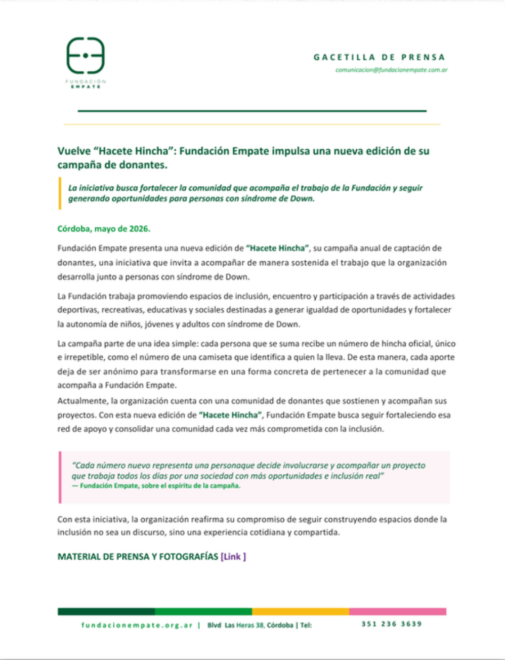 Gacetilla de prensa de Fundación Empate